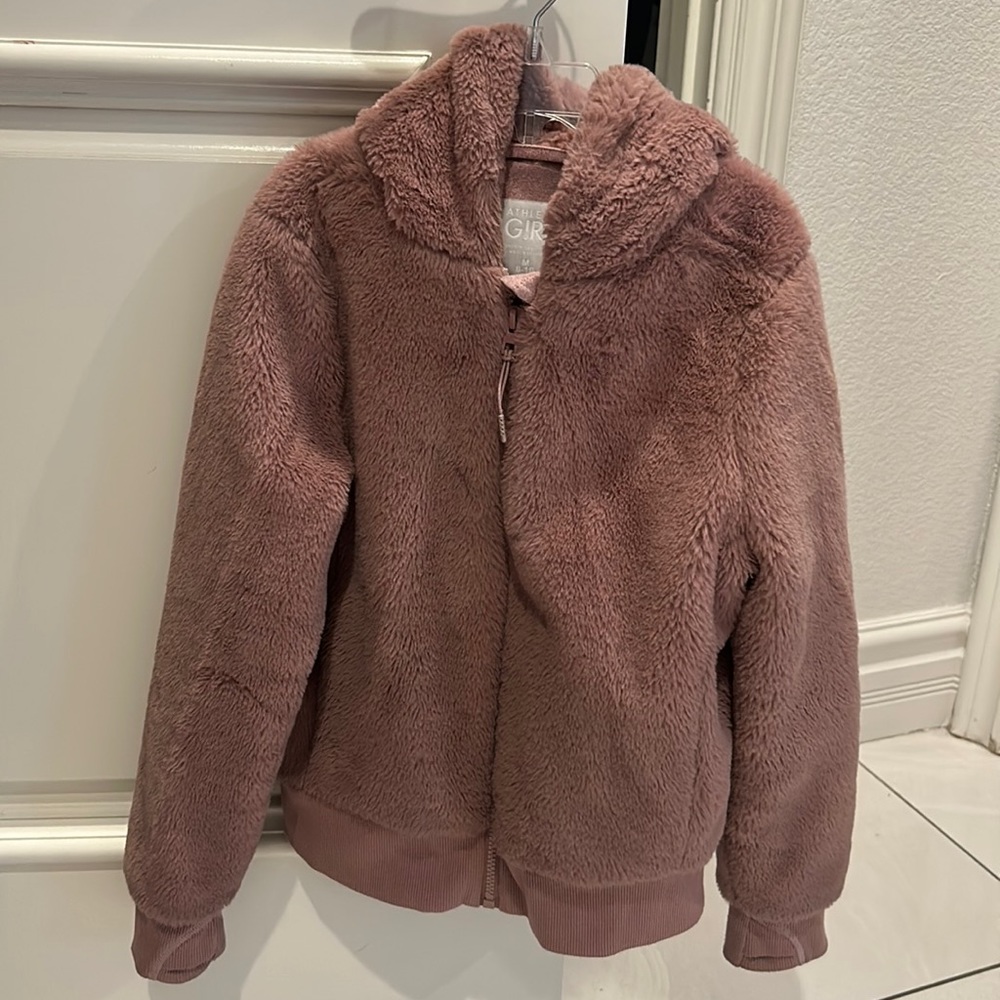 Athleta girl pink soft fur jacket with hood